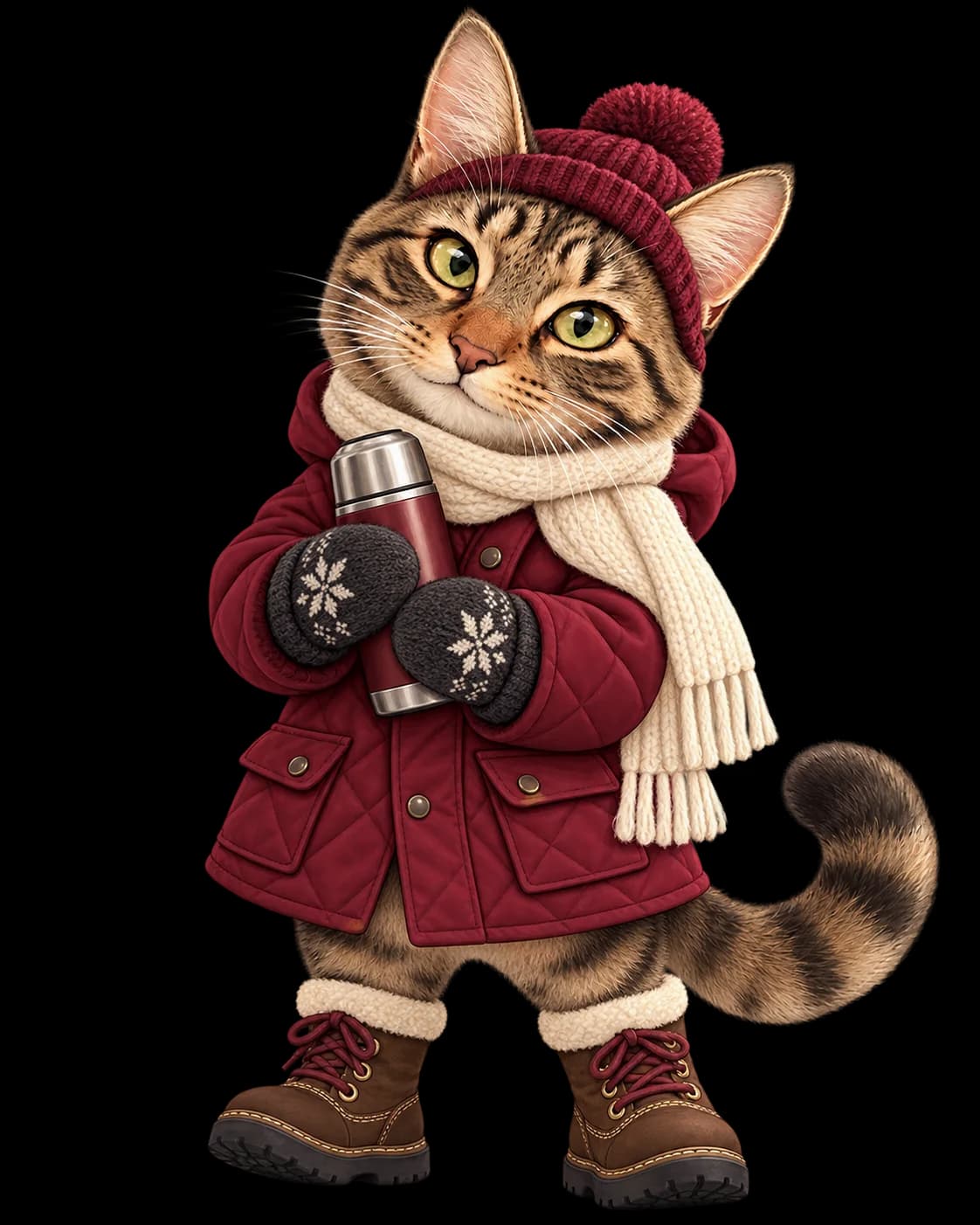 Tuna wearing a burgundy winter coat and scarf at night